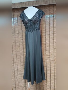 JVN By Jovani Charcoal Gray Silver Embellished V-Neck Maxi Dress